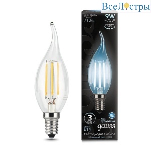 Лампа светодиодная филаментная Gauss E14 9W 4100К прозрачная 104801209