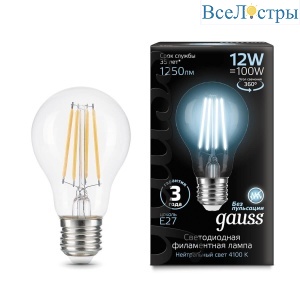 Лампа светодиодная филаментная Gauss E27 12W 4100K прозрачная 102902212