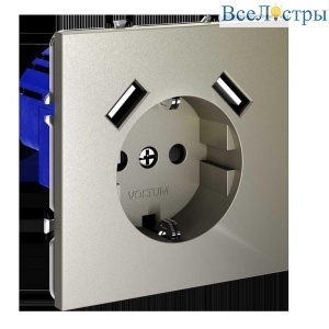 Розетка встраиваемая Voltum S70 с заземлением и защитными шторками, 16А, с USB, A+A, (шелк) VLS040404