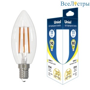Лампа светодиодная филаментная Uniel E14 11W 3000K свеча прозрачная LED-C35-11W/3000K/E14/CL GLA03TR UL-00006847