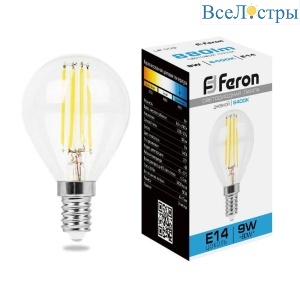 Лампа светодиодная филаментная Feron E14 9W 6400K прозрачная LB-509 38223