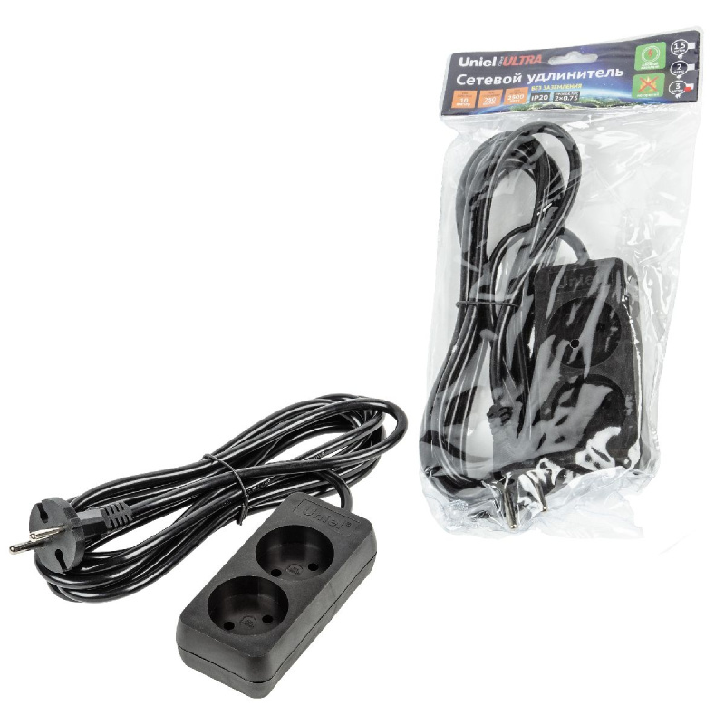 удлинитель бытовой uniel ultra s-cu2-3 black ul-00009976