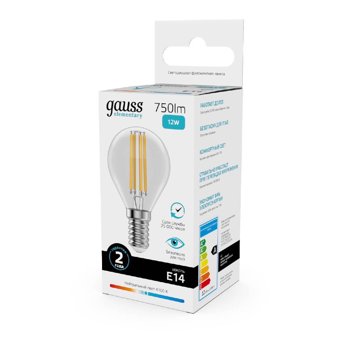 лампа светодиодная gauss filament elementary e14 12w 4100k 52122
