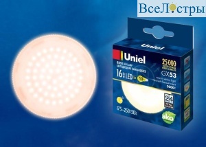 Лампа светодиодная (UL-00003726) Uniel GX53 16W 3000K матовая LED-GX53-16W/WW/GX53/FR PLZ01WH