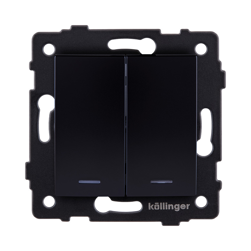 выключатель 2-клавишный 10а/250в с led подсветкой, изогнутый, черный kollinger rea-r-008bk для aspekt, eleganz, reflex