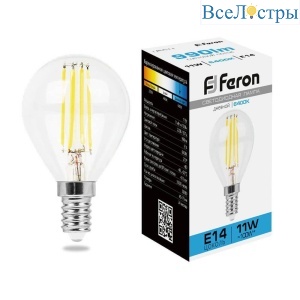 Лампа светодиодная филаментная Feron E14 11W 6400K прозрачная LB-511 38225