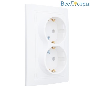 Розетка 2П+З двойная с защ. шт. скрытой установки 16А 250В IP20, белая (керамика) "Дельта" General 477222