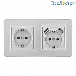 Розетка двойная (двухпостовая) с/з и шторками + USB Arte Milano SET16-2-47-1-40-1 silver