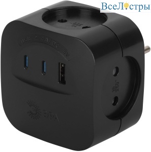 Разветвитель электрический ЭРА SP-4-3USBAC-B на 4 розетки + 3 USB A+C со шторками 10А черный Б0069084