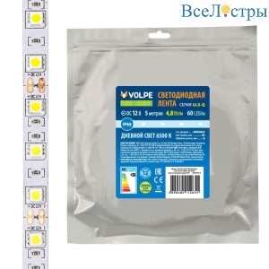 Светодиодная влагозащищенная лента Volpe 4,8W/m 60LED/m 2835SMD холодный белый 5M ULS-Q323 2835-60LED/m-8mm-IP65-DC12V-4,8W/m-5M-6500K UL-00004532