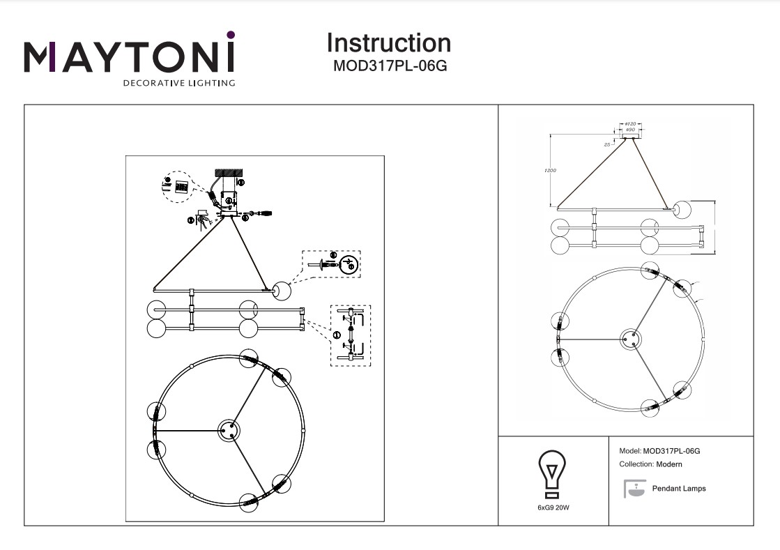 подвесная люстра maytoni balance mod317pl-06b