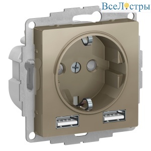 Розетка Systeme Electric AtlasDesign Шампань A+A, 5В/2,4А, 2х5В/1,2А SO + USB ATN000530