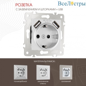 Розетка с заземлением, шторками + USB Arte Milano 203.47-1.silver