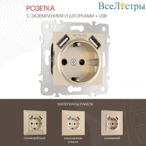 Розетка с заземлением, шторками + USB Arte Milano 203.47-1.shampan