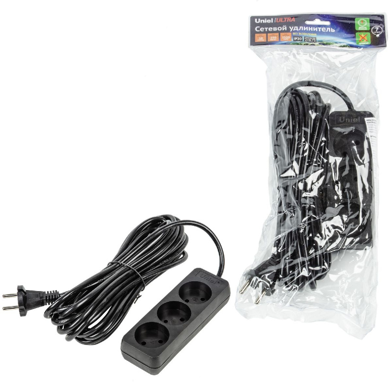 удлинитель бытовой uniel ultra s-cu3-7 black ul-00009987