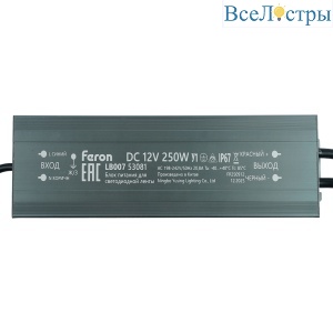 Трансформатор электронный для светодиодной ленты Feron LB007 250W 12V IP67 (драйвер) 53081