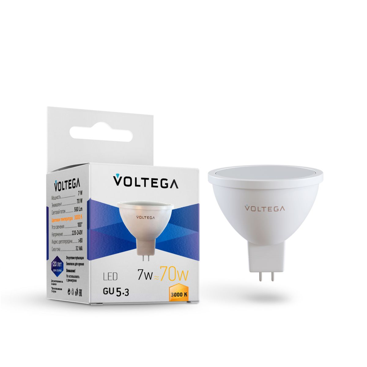 светодиодная лампа voltega simple mr16 7w 3000k gu5.3 7256