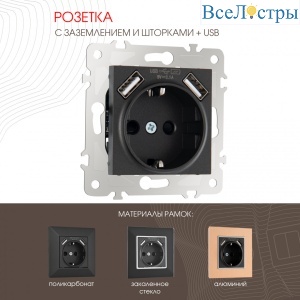 Розетка с заземлением, шторками + USB Arte Milano 203.47-1.black