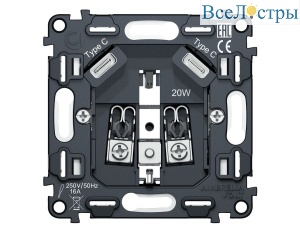Механизм электрической розетки 2USB С+C 20W (быстрая зарядка) с/з на винтовых зажимах 16A-250V QUANT Ambrella Volt VM165