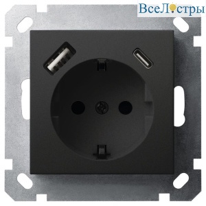 Розетка SHUKO Jasmart с USB тип USB A-C с защитными шторками черный матовый (soft touch) 25W 16A 250V 2P+T G5501USB-25PB