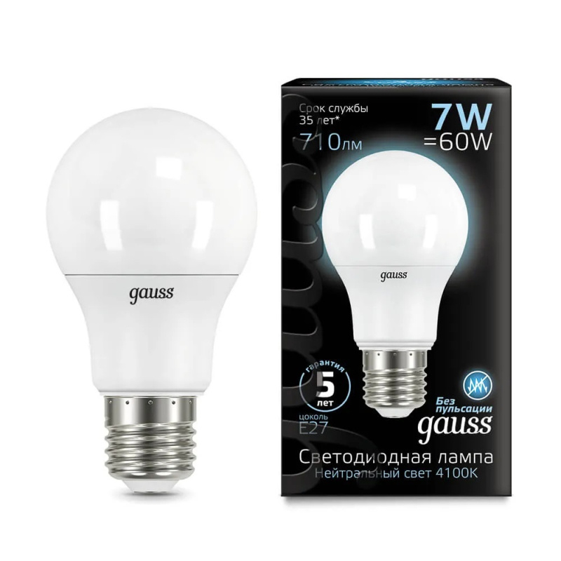 лампа светодиодная gauss e27 7w 4100k матовая 102502207
