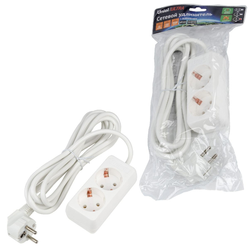 удлинитель бытовой uniel ultra s-gcu2-3 white ul-00009998