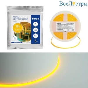 Светодиодная лента Feron 7W/m 400LED/m COB желтый 5М LS630 48950