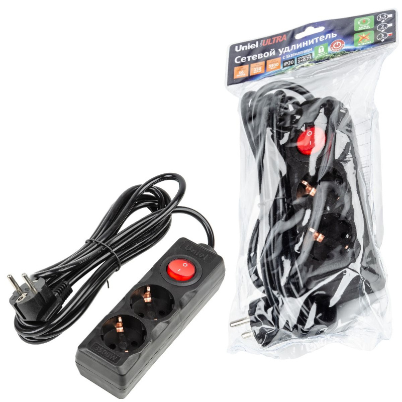 удлинитель бытовой uniel ultra s-gcu2-3b black ul-00010011