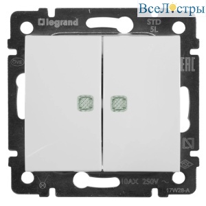 Переключатель двухклавишный на 2 направления Legrand Valena 10A 250V с подсветкой белый 774212