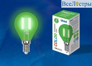 Лампа светодиодная филаментная (UL-00002987) Uniel E14 5W зеленый LED-G45-5W/GREEN/E14 GLA02GR