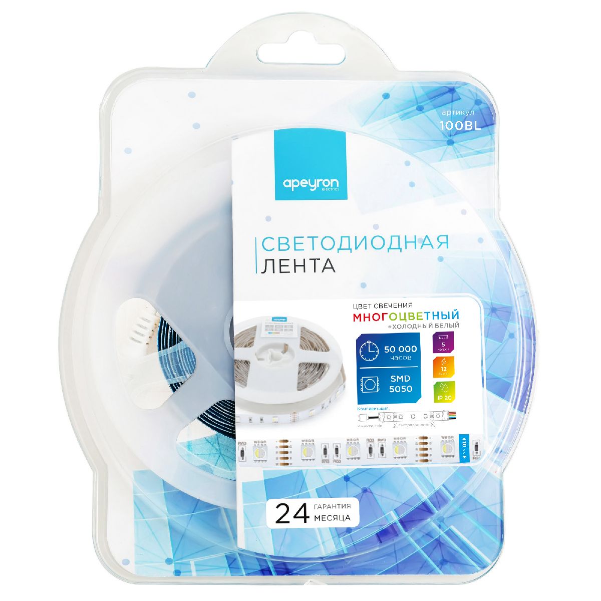 светодиодная лента apeyron 12в 7,2вт/м smd5050 30д/м ip20 360лм/м 5м rgbw 100bl
