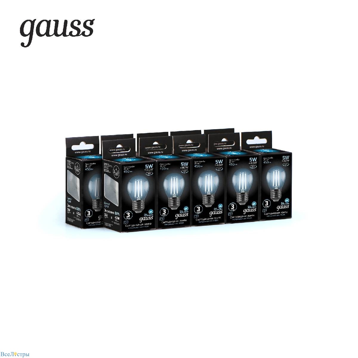 лампа светодиодная филаментная gauss e27 5w 4100k прозрачная 105802205