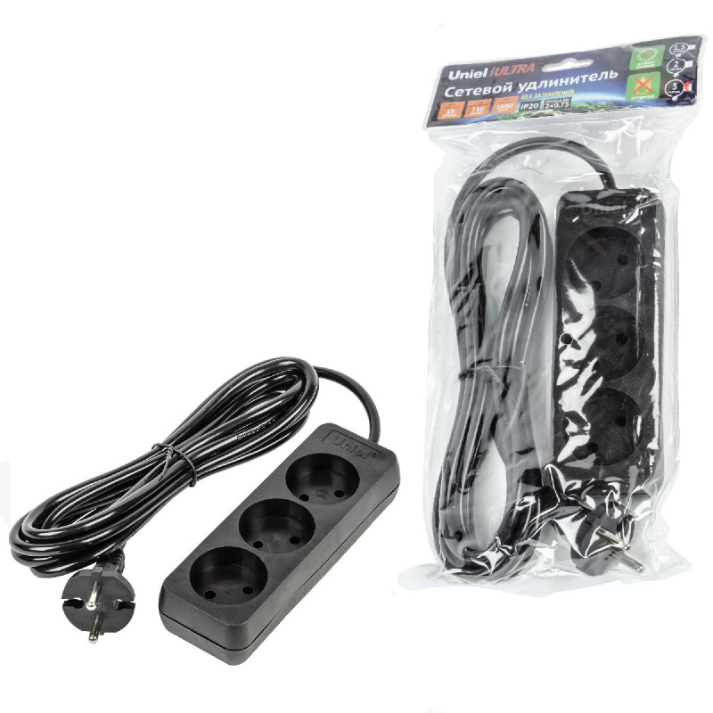 удлинитель бытовой uniel ultra s-cu3-3 black ul-00009983