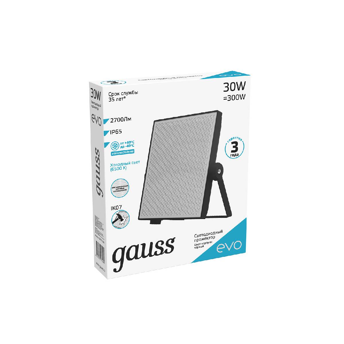 прожектор светодиодный gauss evo 30w 6500к 687511330