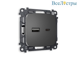 Комплект механизма розетки 2USB A+C 20W (быстрая зарядка) Ambrella Volt Omega MO661010