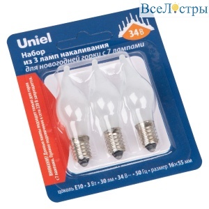 Лампа накаливания Uniel IL-CW16-FR-03/E10/34V SET3 BLISTER UL-00010987