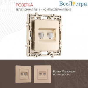 Розетка телефонная RJ11 + компьютерная RJ45 Arte Milano 217.44-1.shampan