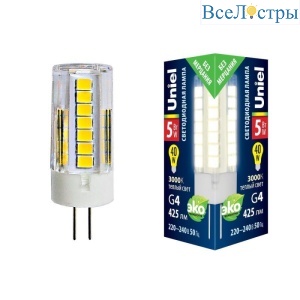 Лампа светодиодная (UL-00006744) Uniel G4 5W 3000K прозрачная LED-JC-220/5W/3000K/G4/CL GLZ09TR
