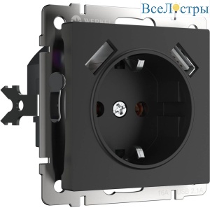 Розетка Werkel с заземлением, шторками и USBх2 черный матовый W1171508 4690389156915