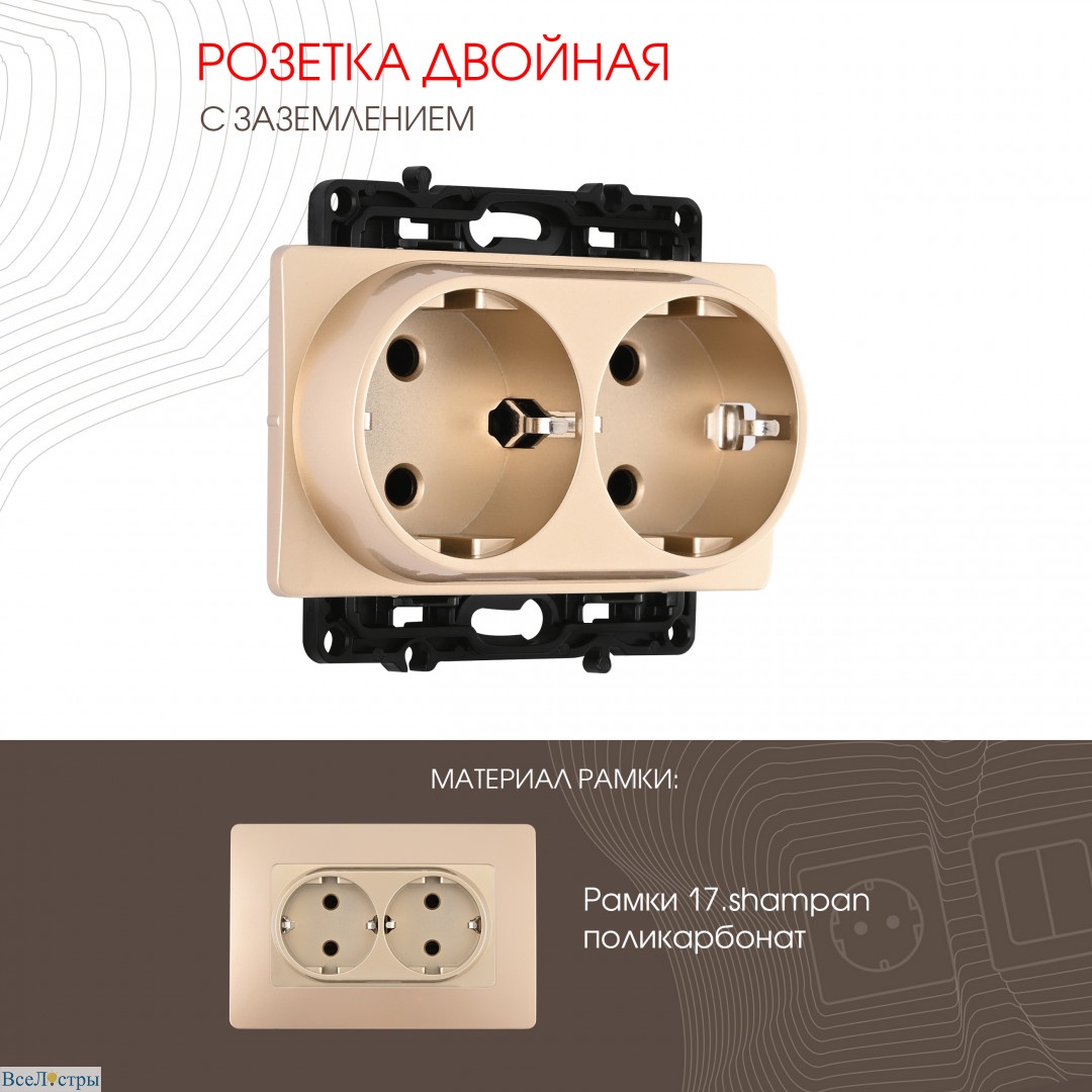 розетка двойная с заземлением arte milano 217.40-2.shampan