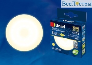 Лампа светодиодная (UL-00001672) Uniel GX53 8W 3000K матовая LED-GX53-8W/WW/GX53/FR PLZ01WH