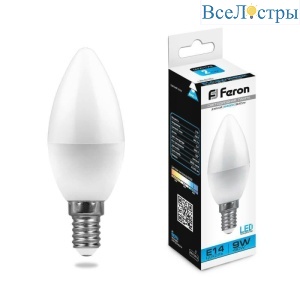 Лампа светодиодная Feron E14 9W 6400K Свеча Матовая LB-570 25800