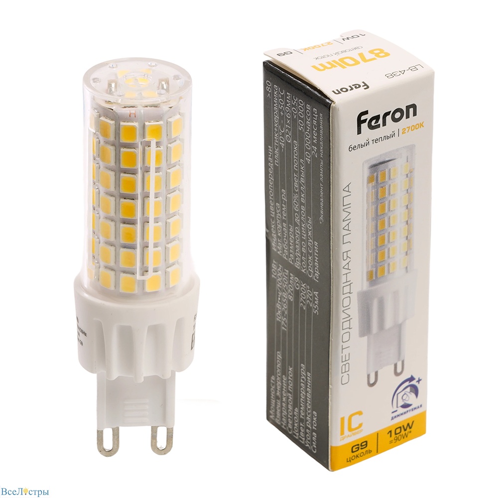 лампа светодиодная диммируемая feron lb-438 g9 10w 2700k 51741