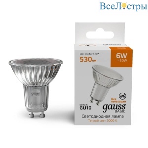 Лампа светодиодная Gauss Basic GU10 6W 3000K матовая 10106162
