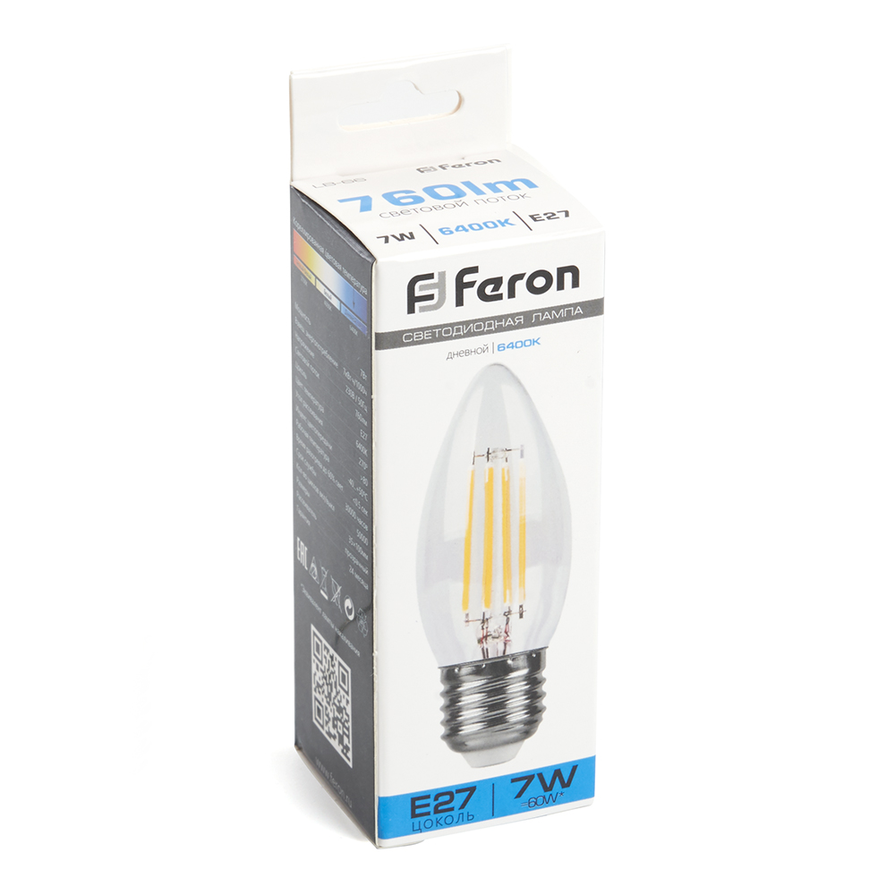 лампа светодиодная feron lb-66 свеча e27 7w 6400k 38272