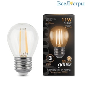 Лампа светодиодная филаментная Gauss E27 11W 2700K прозрачная 105802111