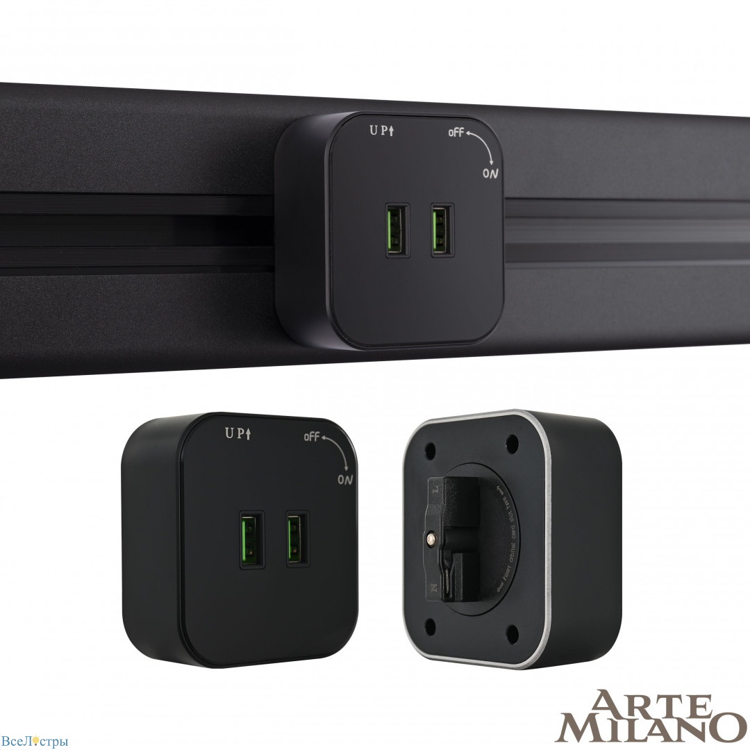 трековая розетка arte milano am-track-sockets 380022ts/usbx2 black