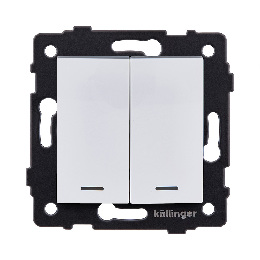 выключатель 2-клавишный 10а/250в с led подсветкой, изогнутый, белый kollinger rea-r-008wh для aspekt, eleganz, reflex