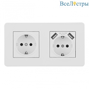 Розетка двойная (двухпостовая) с/з и шторками + USB Arte Milano SET16-2-47-1-40-1 white