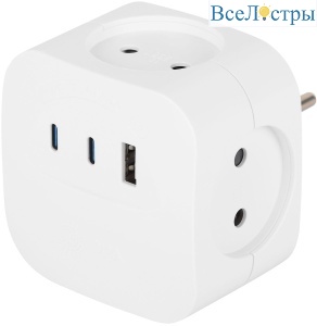 Разветвитель электрический ЭРА SP-4-3USBAC-W на 4 розетки + 3 USB A+C со шторками 10А белый Б0069083